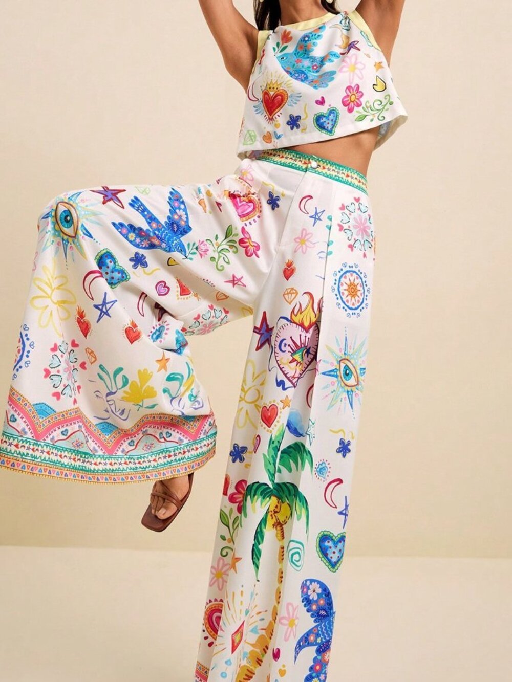 Multicolor Boho Women's Tropical Print Crop Top & Wide Leg Pants 2-Piece Set - Picture 6 of 9